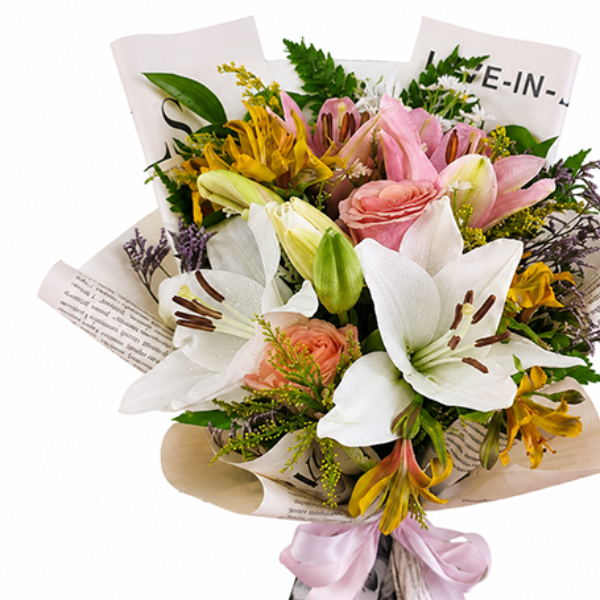Buqu� de Lirio Cor de Rosa e Branco