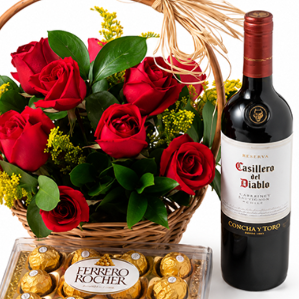 Combo Vinho Cassilero Del Diablo Rosas e Chocolate