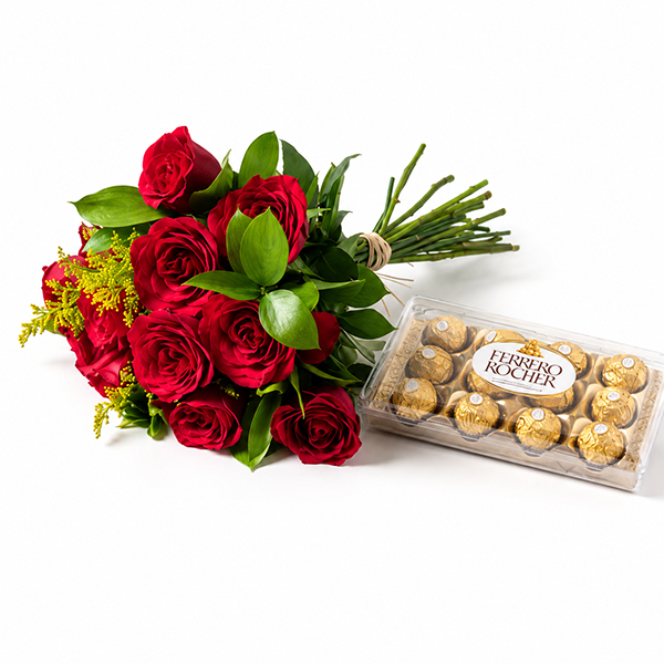 Buque Compacto com 18 Rosas Vermelhas e Ferrero Rocher