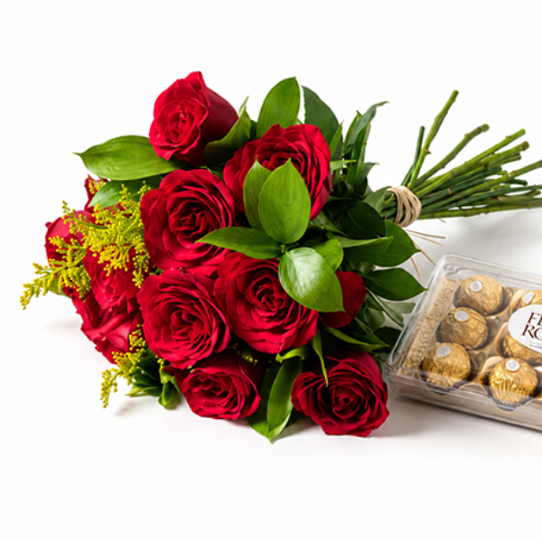 Buque Compacto com 18 Rosas Vermelhas e Ferrero Rocher