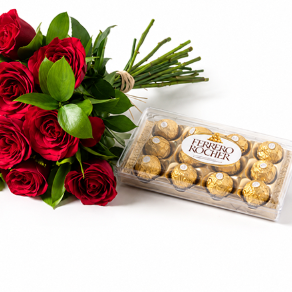 Buque Compacto com 18 Rosas Vermelhas e Ferrero Rocher