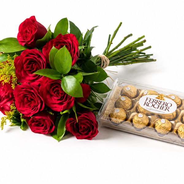 Buque Compacto com 18 Rosas Vermelhas e Ferrero Rocher
