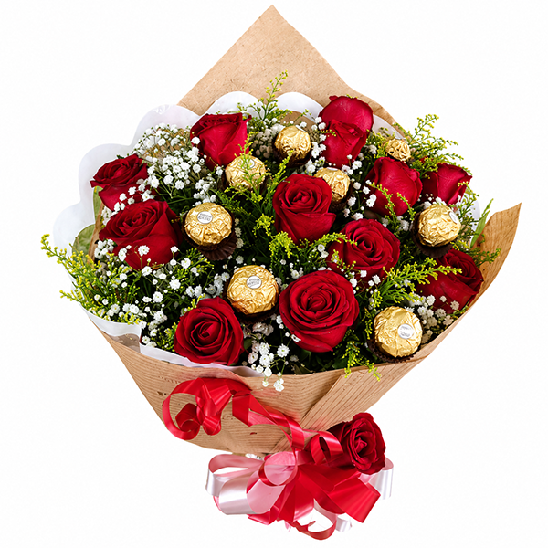 Buqu� 12 Rosas com 8 Ferrero Rocher