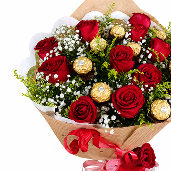 Buqu� 12 Rosas com 8 Ferrero Rocher