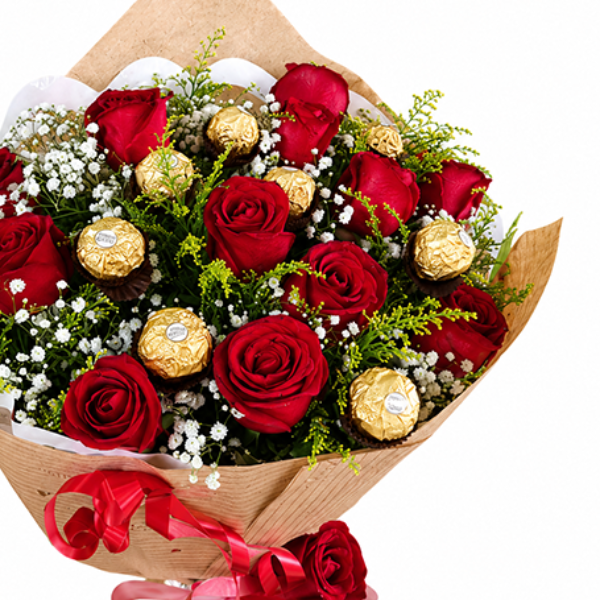 Buqu� 12 Rosas com 8 Ferrero Rocher