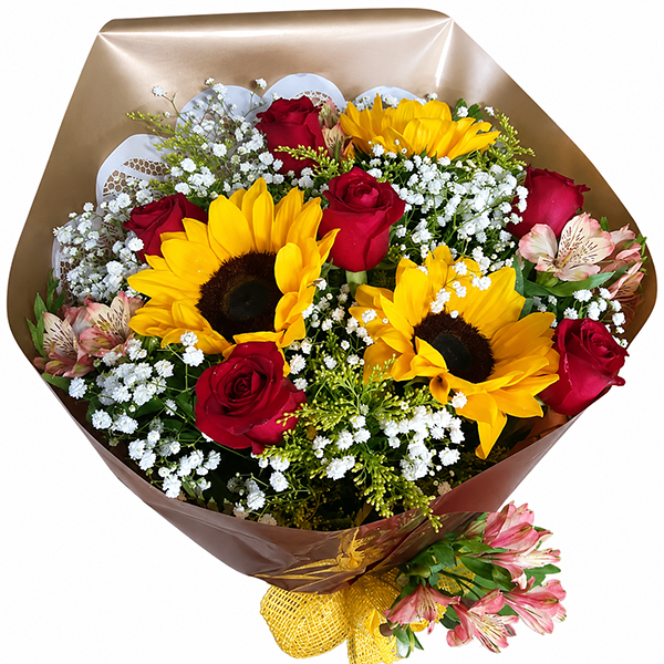 Buqu� Tradiconal com 6 rosas e 3 girassol