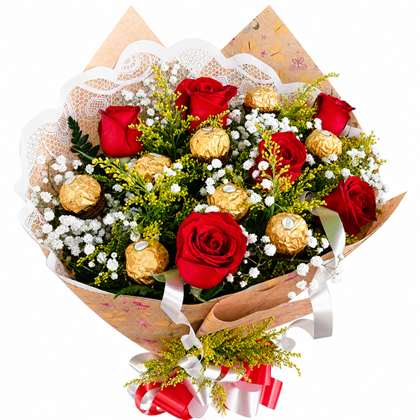 Buqu� Tradicional de 6 rosas com 8 bombom Ferrero Rocher