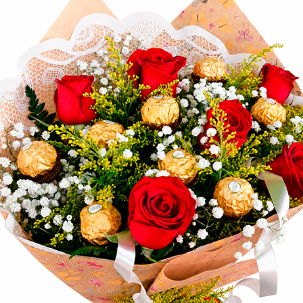Buqu� Tradicional de 6 rosas com 8 bombom Ferrero Rocher