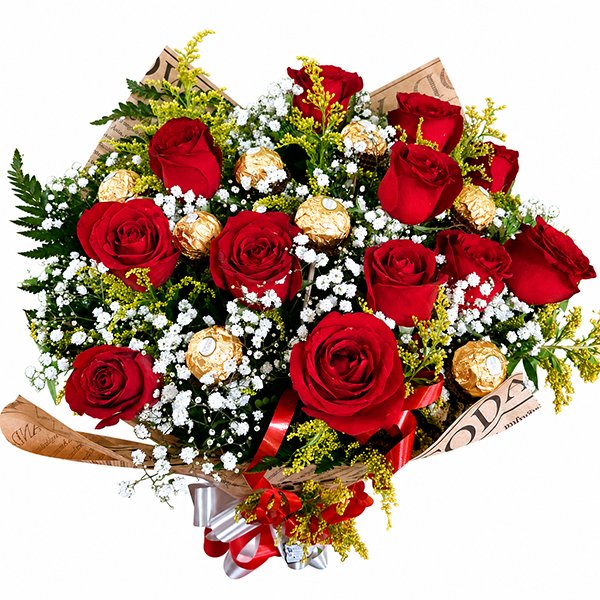 Buque Tradicional com 12 rosas e 8 bombons Ferrero Rocher