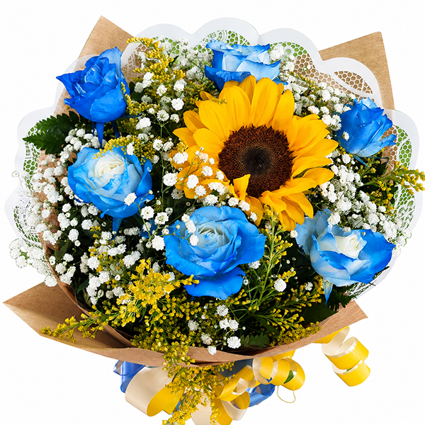 Buqu� Tradiconal com 6 rosas azuis e 1 girassol