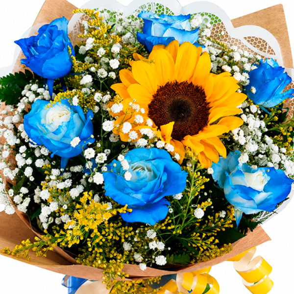 Buqu� Tradiconal com 6 rosas azuis e 1 girassol