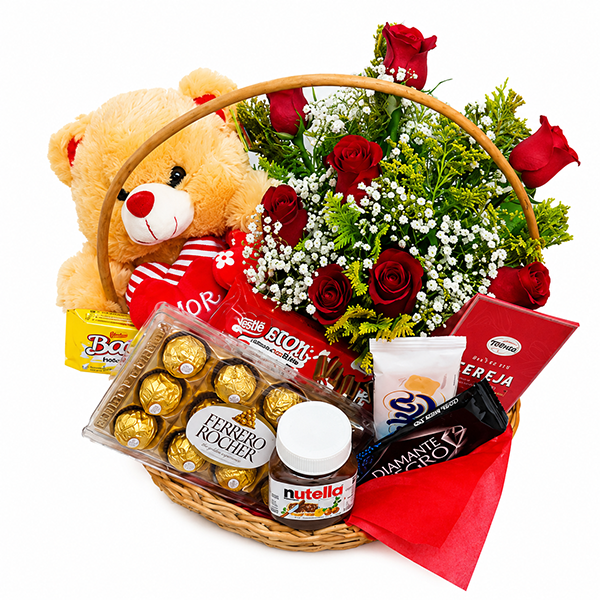 Cesta de Chocolate com Rosas Luxo