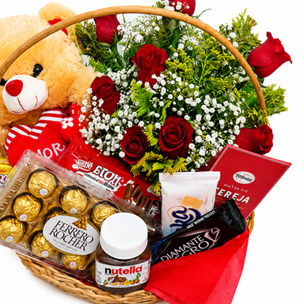 Cesta de Chocolate com Rosas Luxo