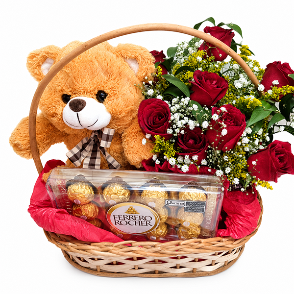Cesta Romance com Rosas e Ferrero