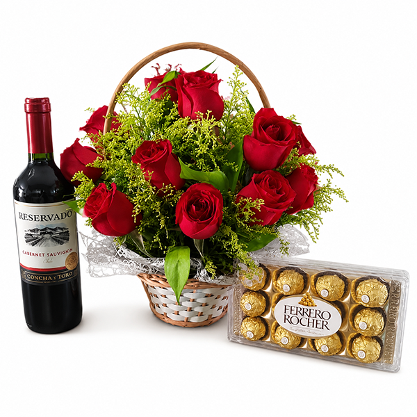 Cesta Celebra��o com Rosas, Vinho e Ferrero