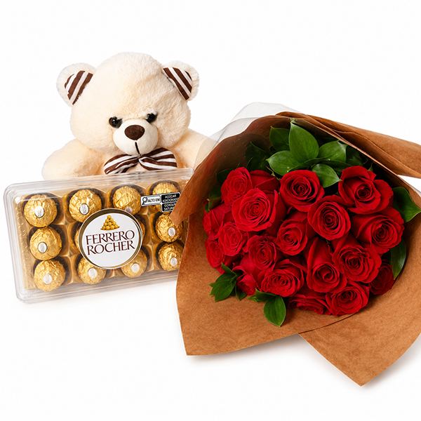 Buqu� Paix�o Intensa com Ursinho e Ferrero