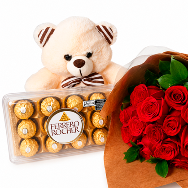 Buqu� Paix�o Intensa com Ursinho e Ferrero