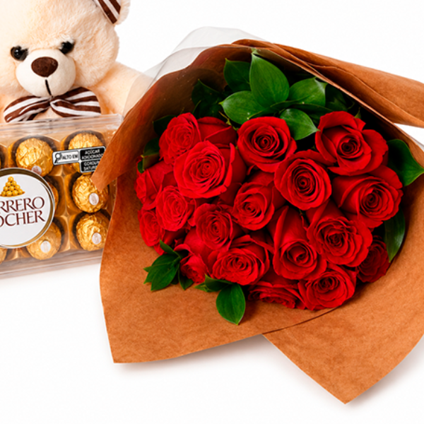 Buqu� Paix�o Intensa com Ursinho e Ferrero
