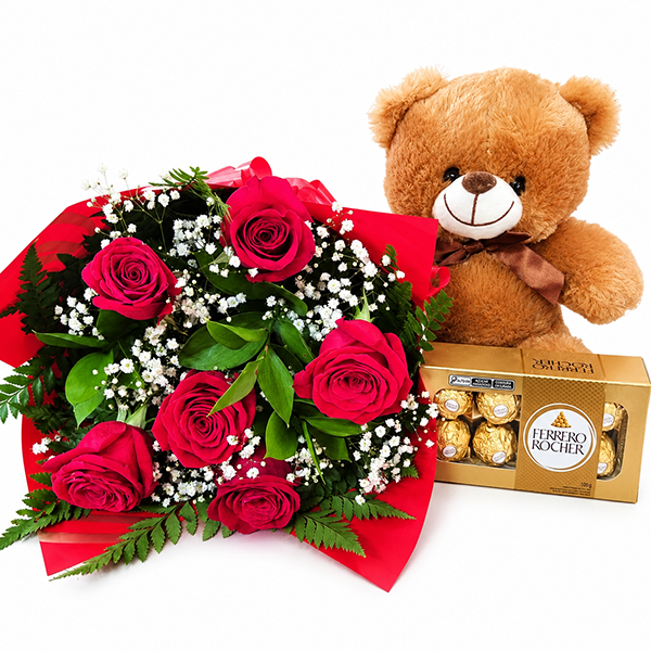 Surpresa Rom�ntica com Rosas, Ursinho e Ferrero
